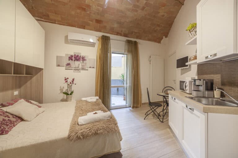 Monolocale luminoso con soffitto in mattoni a volta, letto matrimoniale elegante, angolo cottura attrezzato e accesso a un piccolo cortile esterno con piante.