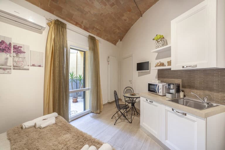 Monolocale accogliente con soffitto in mattoni a volta, angolo cottura attrezzato, tavolino con sedie e accesso a un piccolo cortile esterno con piante.