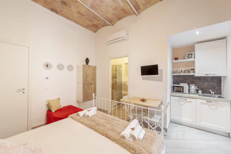 Camera con letto matrimoniale e letto singolo, angolo cottura e bagno privato, caratterizzata da un soffitto in mattoni a vista.
